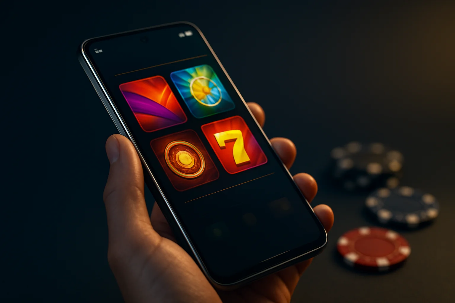 Hyperrealistic flagship Android phone showing premium casino app interface, dramatic lighting