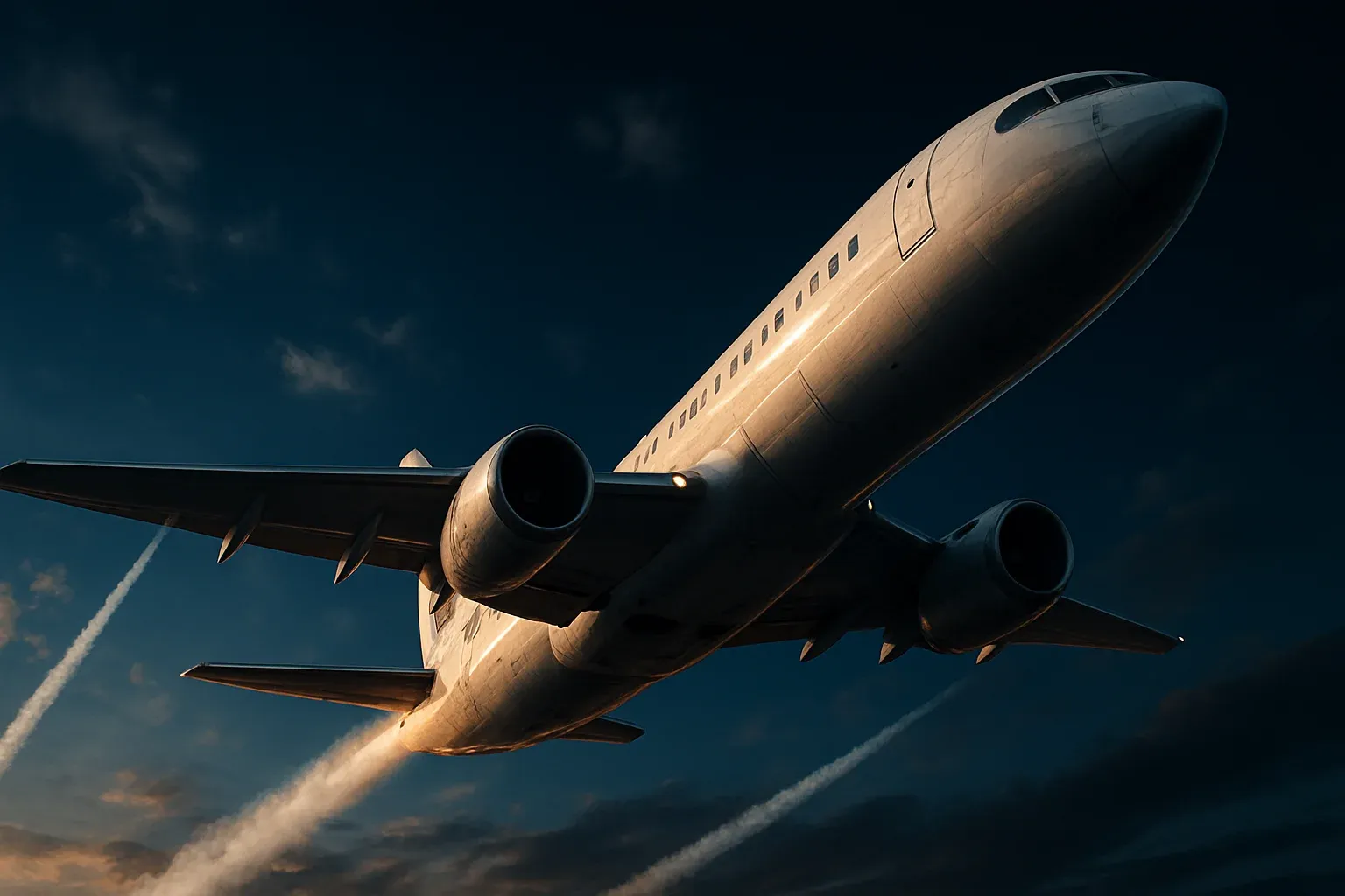 Hyperrealistic white jet climbing steeply in deep blue sky with trails