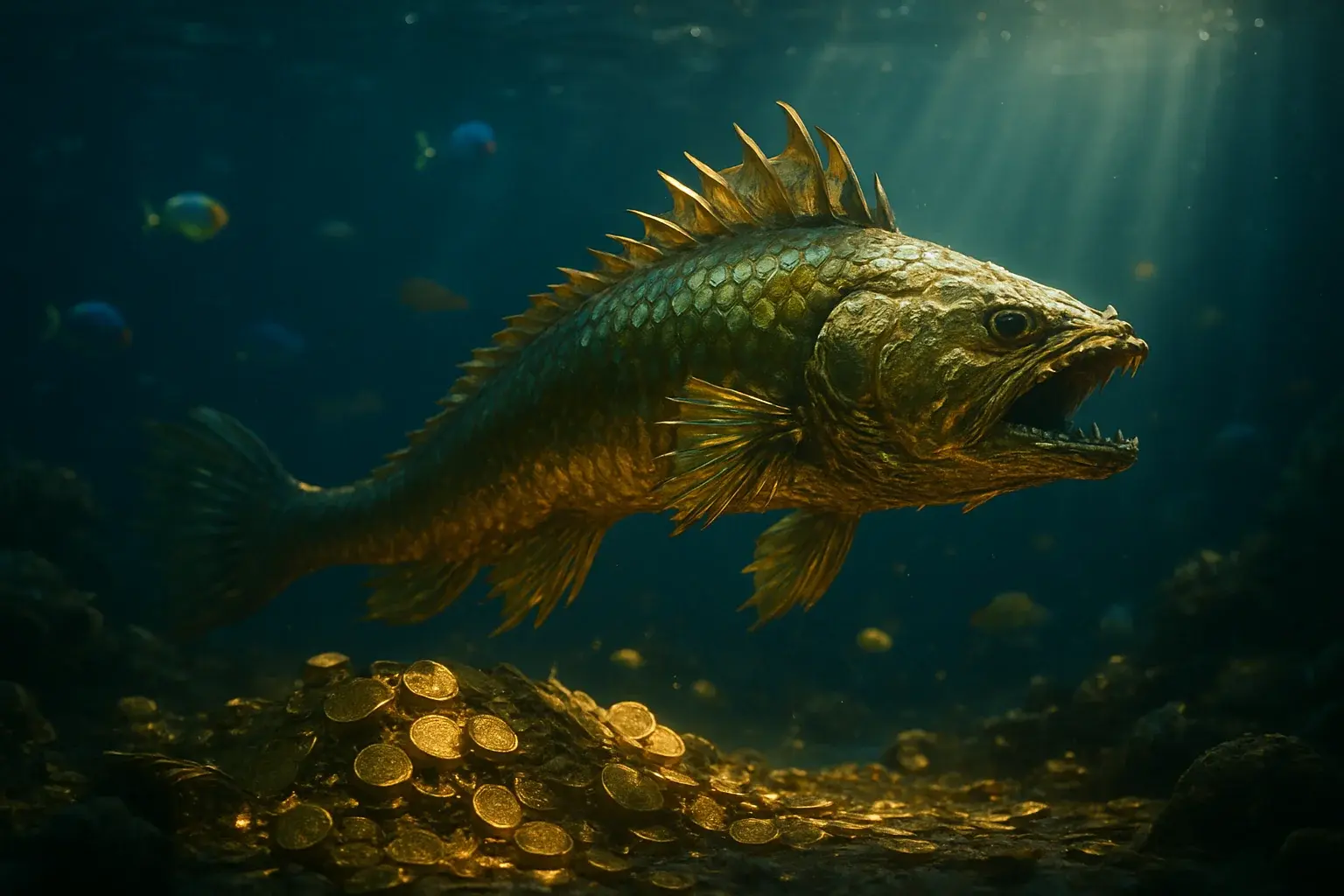 Hyperrealistic underwater golden dragon fish surrounded by glowing coins and treasure