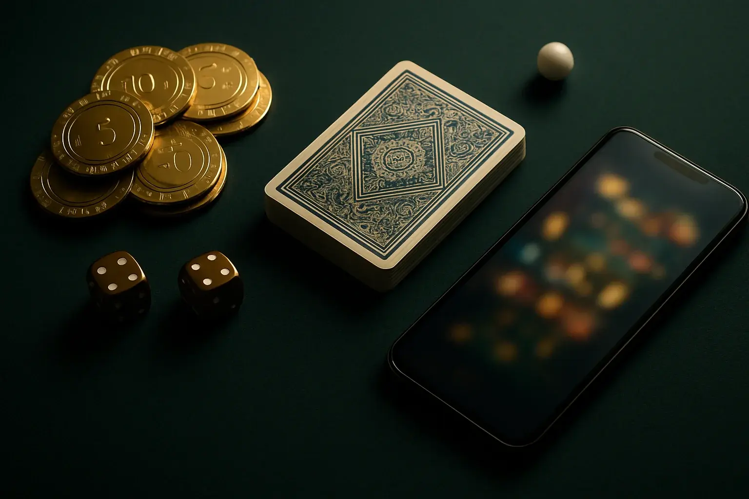 Top-down casino table with golden chips, cards, dice, roulette ball, smartphone