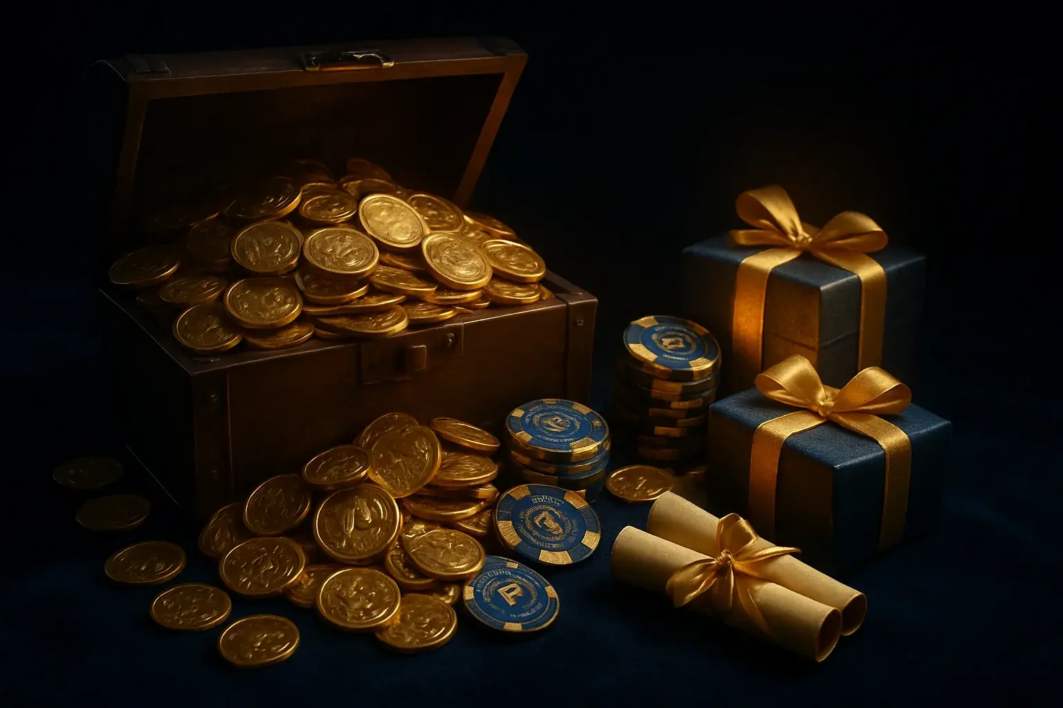 Hyperrealistic treasure chest with gold coins, casino chips, vouchers, gift boxes