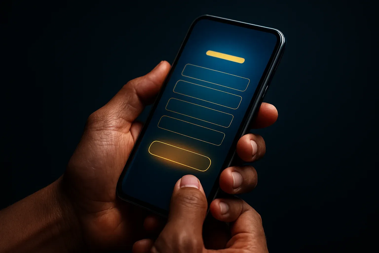 Filipino man hands holding smartphone with blurred registration form interface