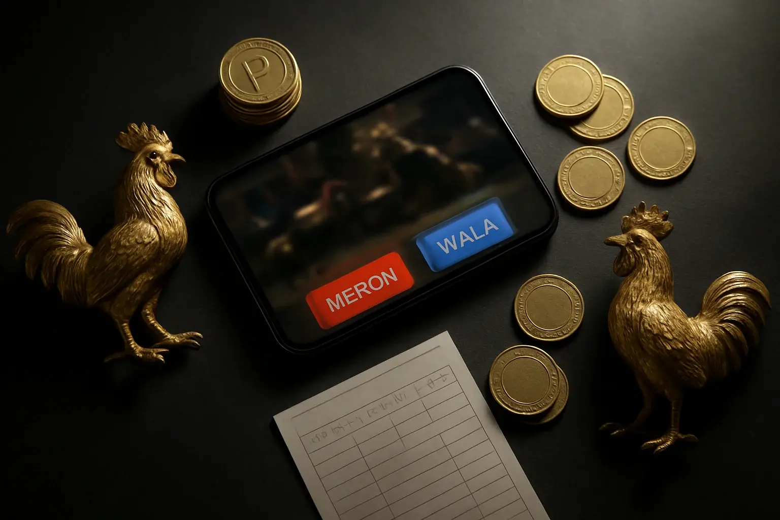 Cinematic flat-lay smartphone sabong betting interface with golden roosters and coins