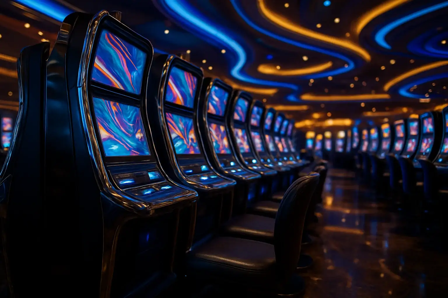 Hyperrealistic wide shot of premium Manila casino slots floor at night
