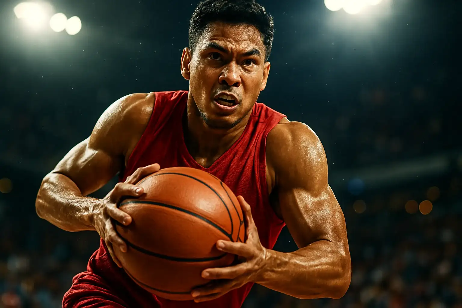 Filipino PBA player driving to basket mid-air under arena lights
